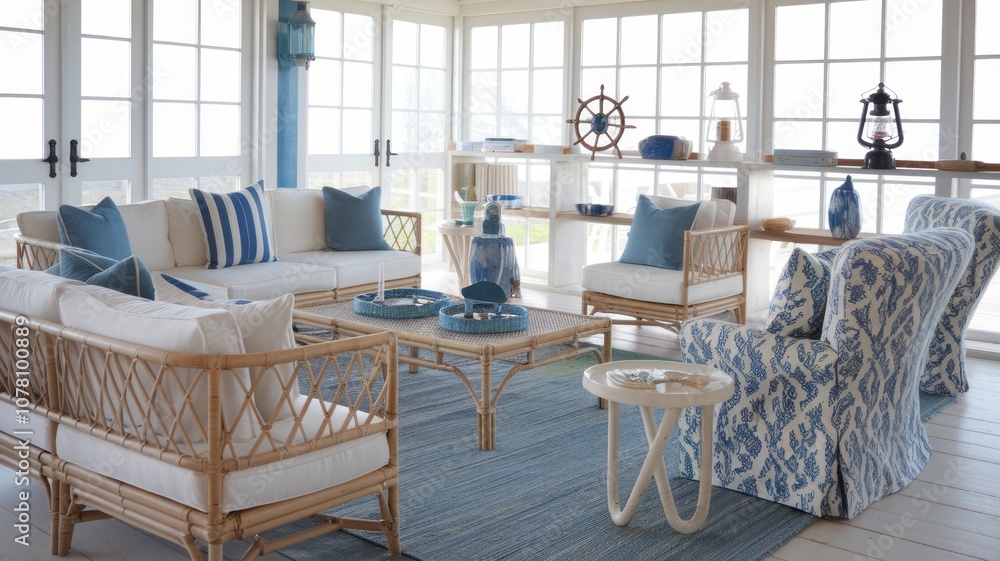 Coastal-Themed Living Room with Ocean Views and Blue Striped Decor Coastal-Themed Living Room with Ocean Views and Blue Striped Decor