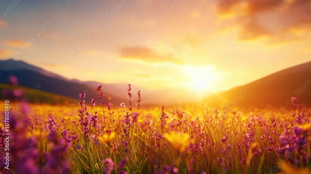 Naklejka premium Vibrant Field of Wildflowers at Sunset