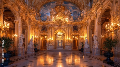 A grand  ornate  and luxurious interior with a marble floor  golden decorations  chandeliers  and statues.