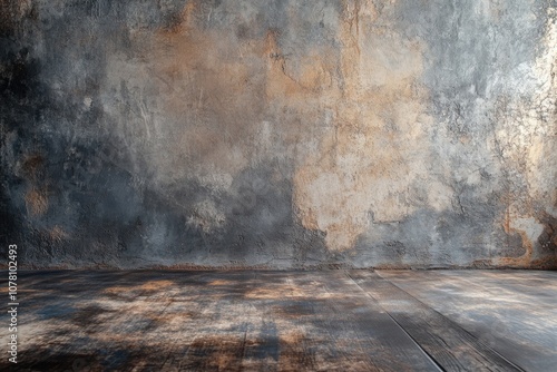 Rustic wooden floor with textured concrete wall background.