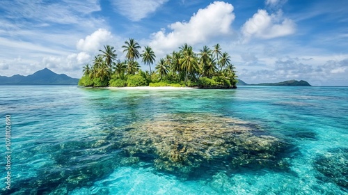 A small, tropical island with white sand beaches and palm trees, surrounded by clear turquoise water and visible coral reefs.