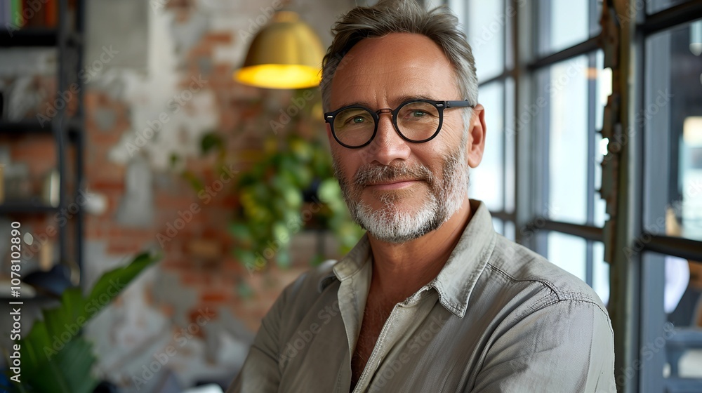 Confident Mature Man with Glasses in Stylish Modern Office Confident Mature Man with Glasses in Stylish Modern Office