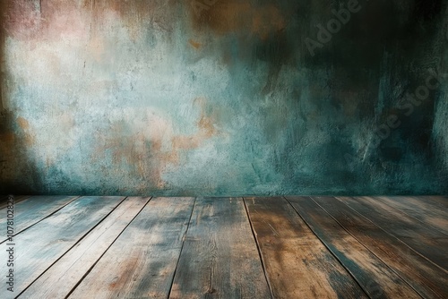 Rustic wooden floor with textured teal wall.