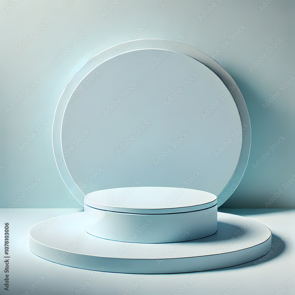 Minimalist Blue Display Pedestal with Circular Backdrop for Product Presentation Minimalist Blue Display Pedestal with Circular Backdrop for Product Presentation