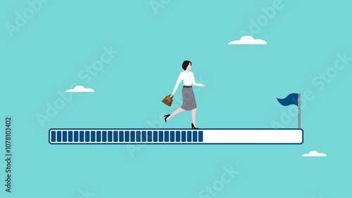 businesswoman running on success loading bar success process in progress vector illustration, process to success, journey to reach business goal, progress of business target