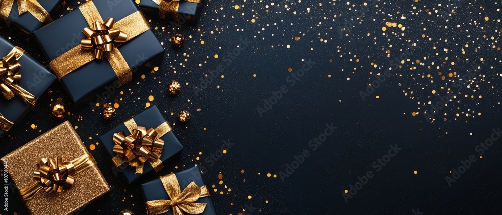 A black background with gold boxes and bows A black background with gold boxes and bows