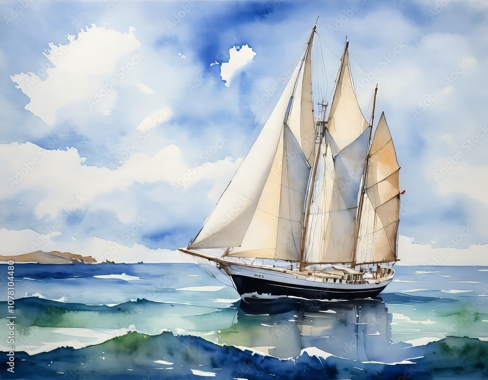 Fototapeta premium acuarela barco velero navegando por el mar 