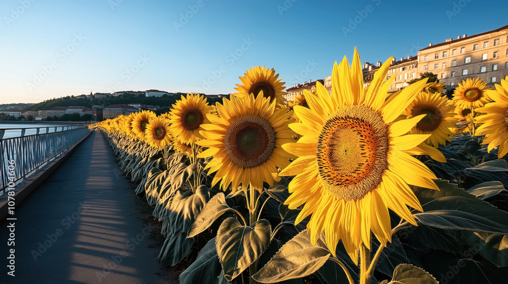 Φωτογραφία Sunflowers blooming along a city walkway during golden hour, with residential buildings in the background under a clear blue sky