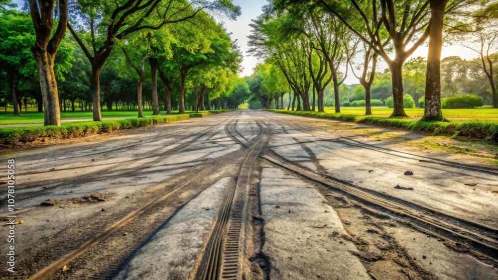 Dirty concrete road with tire tracks at park, dirty, concrete, road, park, tire tracks, muddy, urban, grunge, pathway Dirty concrete road with tire tracks at park, dirty, concrete, road, park, tire tracks, muddy, urban, grunge, pathway