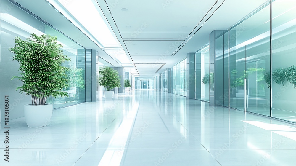 Modern, bright hallway with glass walls, white tiles, and potted plants. Modern, bright hallway with glass walls, white tiles, and potted plants.