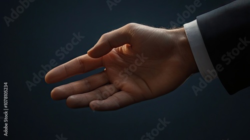 A male hand extended in a welcoming gesture, illuminated against a dark background, showcasing elegance and openness.