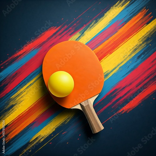 A colorful composition of a ping pong ball resting on a paddle, ping pong, table tennis, ball, paddle, colorful, vibrant, energetic, dynamic, action, tennis, racket, table, ping, sport, pong, game, is photo