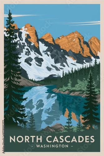 Vintage Travel Poster: North Cascades National Park, Washington - Majestic Mountains, Tranquil Lake, Lush Pine Forests, Retro Adventure Aesthetic photo