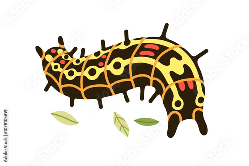 Caterpillar crawling away, back view. Colorful insect, larval animal with seg...