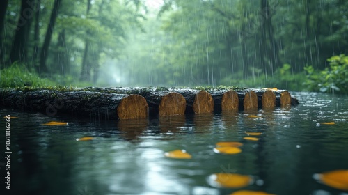 Wallpaper Mural A wooden log bridge spans a tranquil stream in a lush green forest, with rain falling and yellow leaves floating on the water's surface. Torontodigital.ca