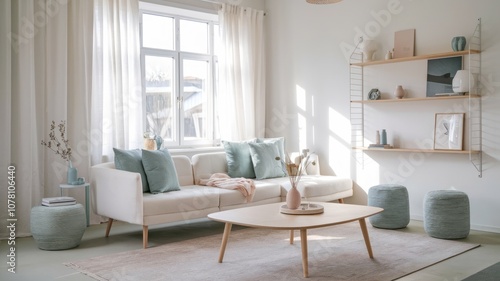 Cozy Scandinavian-Inspired Living Room with Soft Pastel Accents and Natural Light