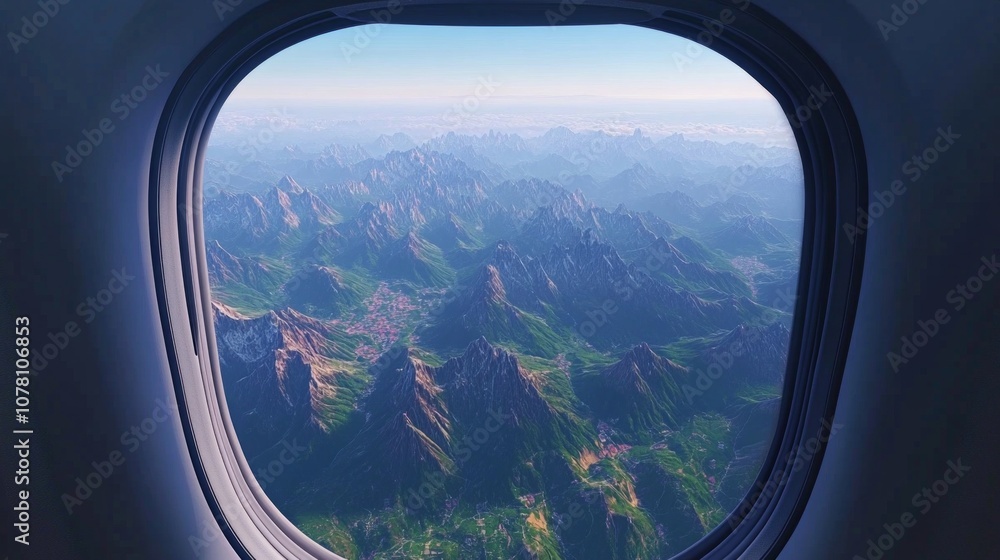 Looking down from an airplane window at beautiful mountain peaks and valleys. Looking down from an airplane window at beautiful mountain peaks and valleys.
