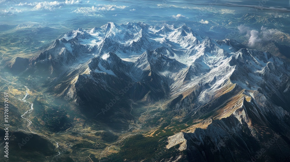 Obraz premium Looking down from an airplane window at beautiful mountain peaks and valleys.