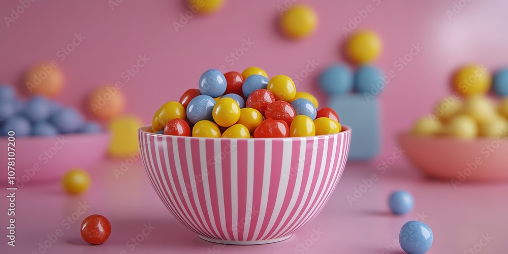 Colorful candies in a pink and white striped bowl on a pink background. Colorful candies in a pink and white striped bowl on a pink background.