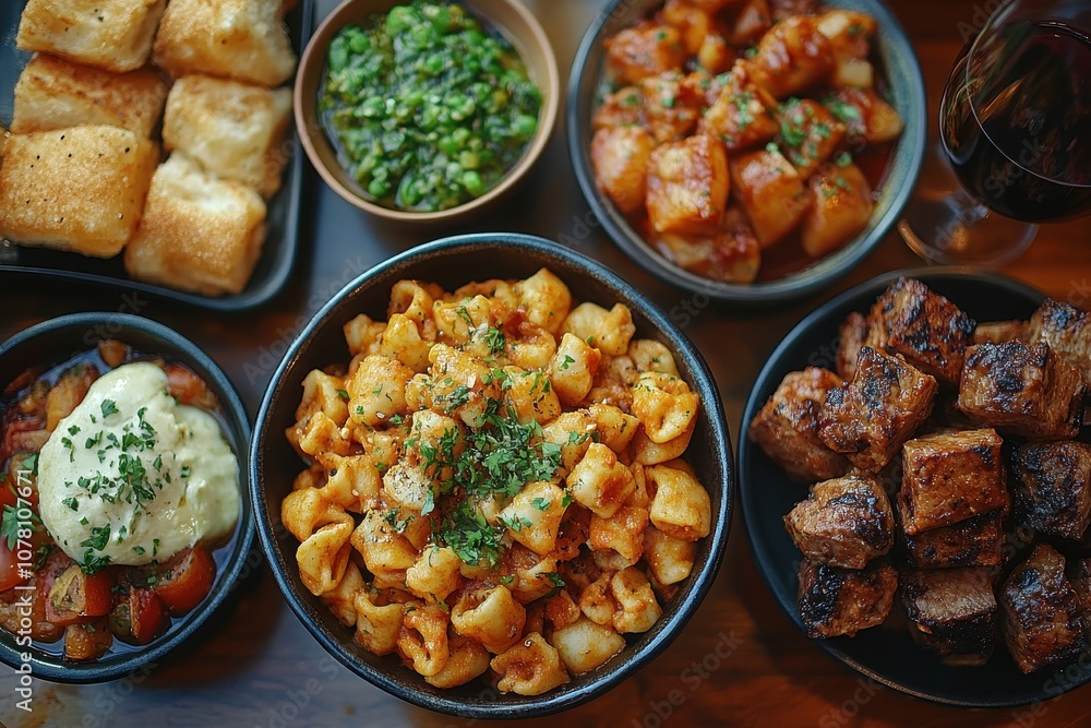 Top view of Spanish tapas on a table, offering a variety of colorful delicacies. Top view of Spanish tapas on a table, offering a variety of colorful delicacies.