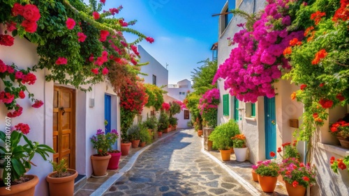 Fototapeta Naklejka Na Ścianę i Meble -  Beautiful street in Santorini, Greece lined with colorful flowers , Santorini, Greece, street, flowers, beautiful