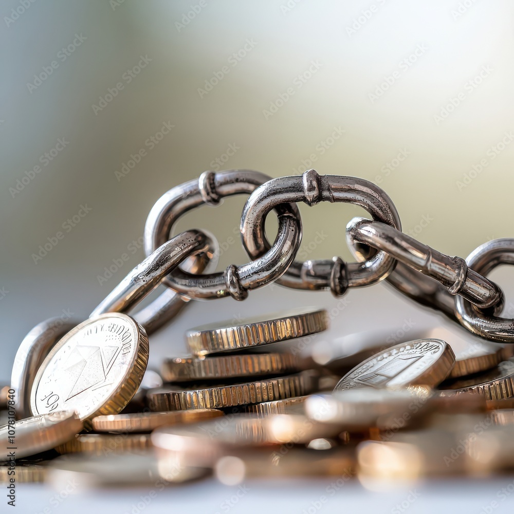 A close-up of coins scattered around a metallic chain, symbolizing connection, wealth, and security in finance. A close-up of coins scattered around a metallic chain, symbolizing connection, wealth, and security in finance.