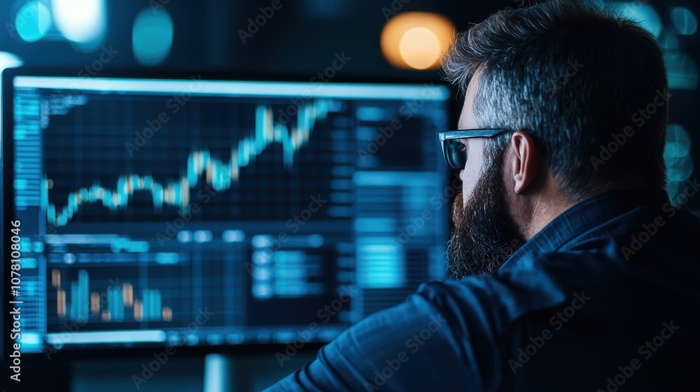 A person analyzes financial data on a computer screen, showcasing a upward trend in graphs, illuminated in a dark environment. A person analyzes financial data on a computer screen, showcasing a upward trend in graphs, illuminated in a dark environment.