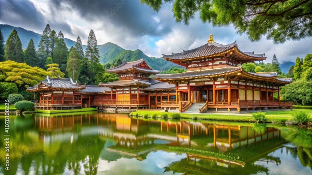 Scenic view of Byodo-In Buddhist Temple surrounded by lush greenery in Oahu, Hawaii, Buddhist, Temple, Byodo-In, Oahu, Hawaii Scenic view of Byodo-In Buddhist Temple surrounded by lush greenery in Oahu, Hawaii, Buddhist, Temple, Byodo-In, Oahu, Hawaii