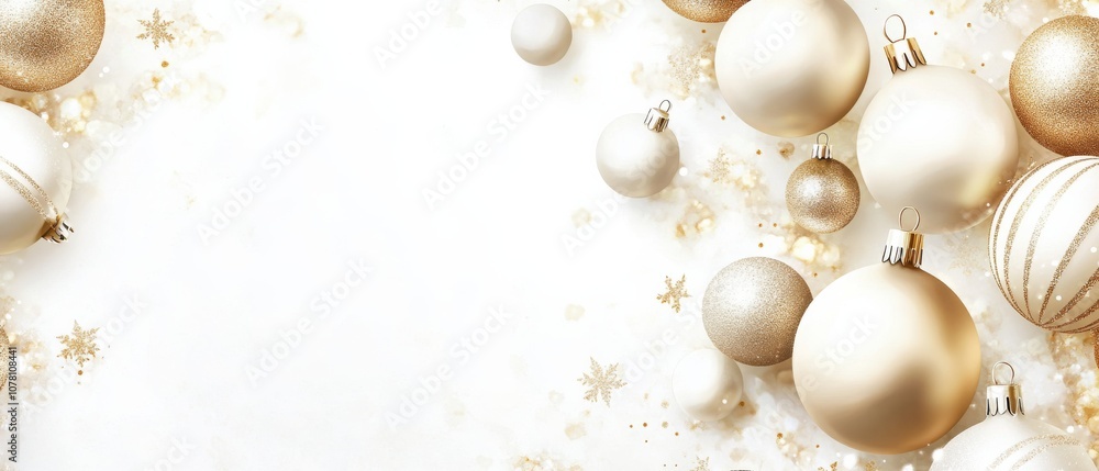 A white background with a bunch of gold colored Christmas ornaments A white background with a bunch of gold colored Christmas ornaments