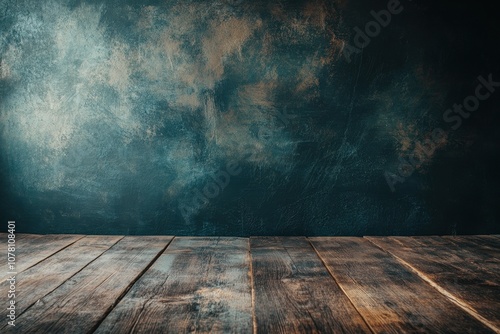 Rustic wooden table against a dark, textured blue background.