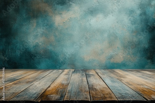 Rustic wooden table against a textured blue and brown background.