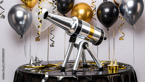 A silver and gold party popper on a tripod with balloons and streamers in the background.