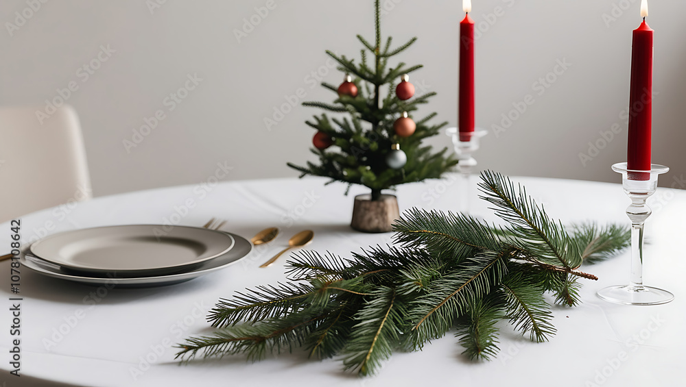 A simple and elegant Christmas table setting with a small Christmas tree, pine branches, candles and a plate and cutlery. A simple and elegant Christmas table setting with a small Christmas tree, pine branches, candles and a plate and cutlery.