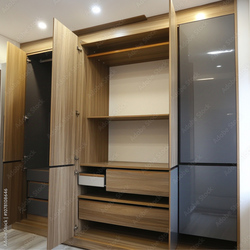 Luxurious modern 4-door open wardrobe design, wood grain color and gray white Luxurious modern 4-door open wardrobe design, wood grain color and gray white