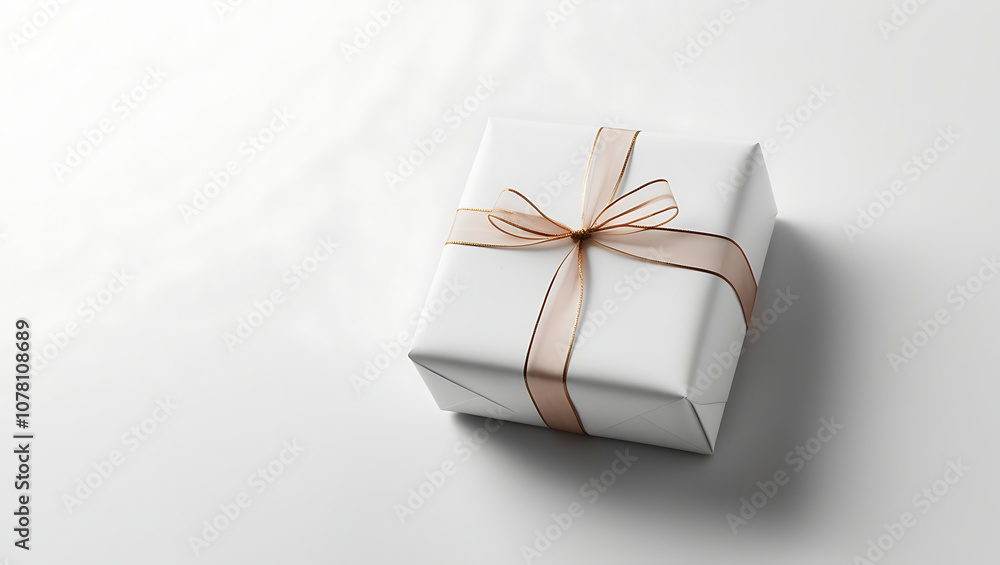 A simple, white, square gift box with a beige ribbon and bow. A simple, white, square gift box with a beige ribbon and bow.