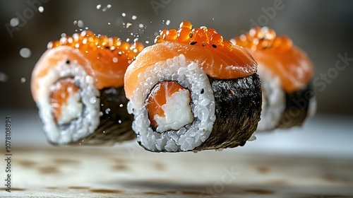 Sushi roll mid-air with visible layers of fish and rice, floating against a table