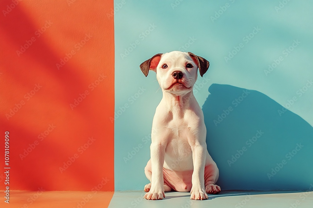 Cheerful Puppy Posing Happily on Vibrant Colored Background in Studio Cheerful Puppy Posing Happily on Vibrant Colored Background in Studio