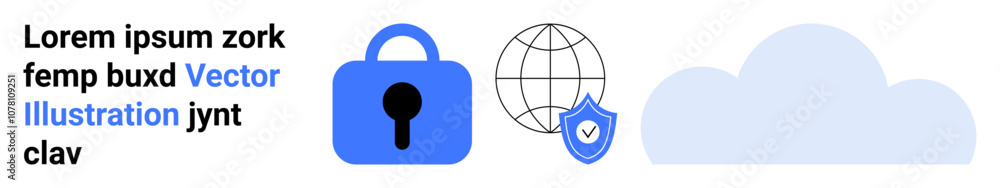 Lock, globe, and shield icons with a cloud image conveying security and cloud computing. Ideal for cybersecurity, data protection, online privacy, cloud storage, internet security, IT services Lock, globe, and shield icons with a cloud image conveying security and cloud computing. Ideal for cybersecurity, data protection, online privacy, cloud storage, internet security, IT services