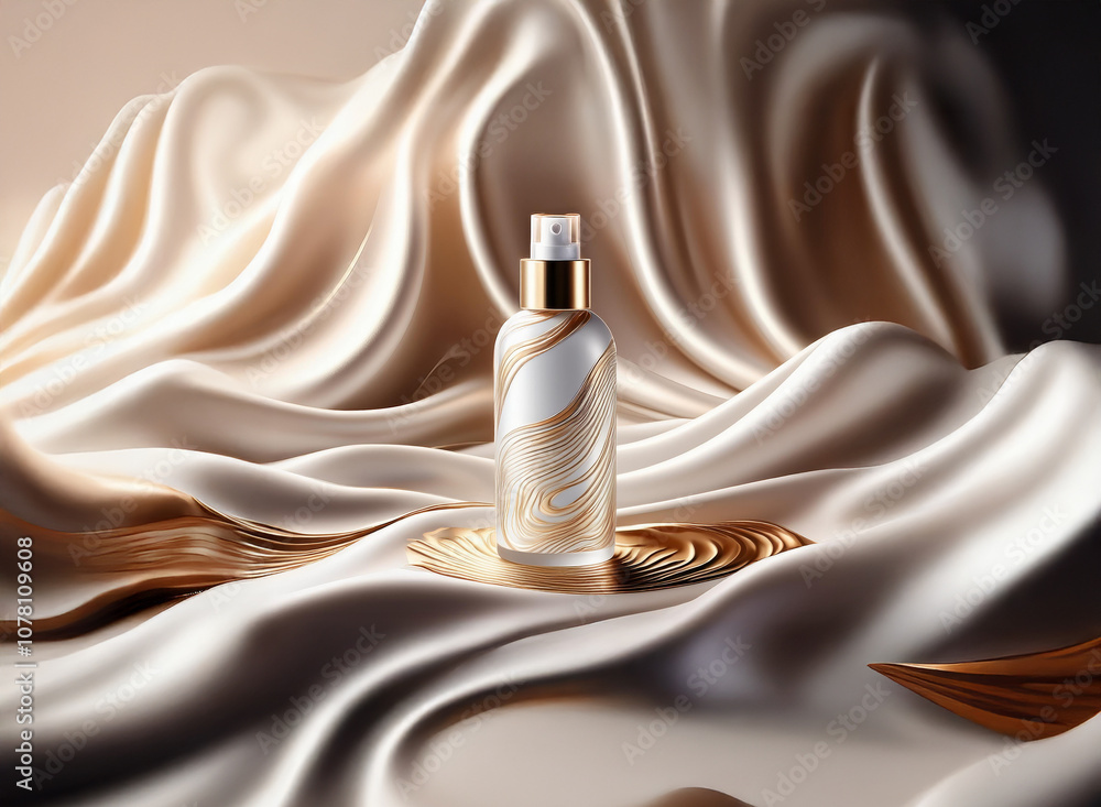 A glass bottle of skincare product with a gold cap sits on a gold platform surrounded by flowing beige fabric. A glass bottle of skincare product with a gold cap sits on a gold platform surrounded by flowing beige fabric.