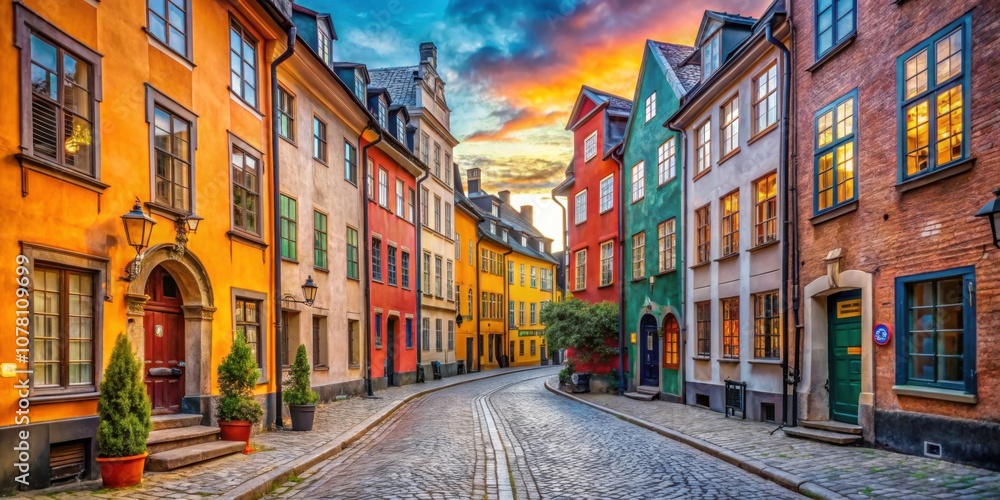 Fototapeta premium Colorful houses along cobbled street in historic Gamla Stan district, Stockholm, Sweden, Stockholm, Sweden