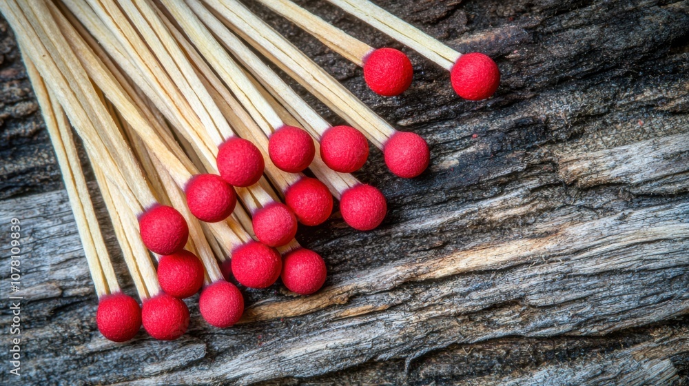 A cluster of wooden matches with red tips arranged on a textured surface. A cluster of wooden matches with red tips arranged on a textured surface.