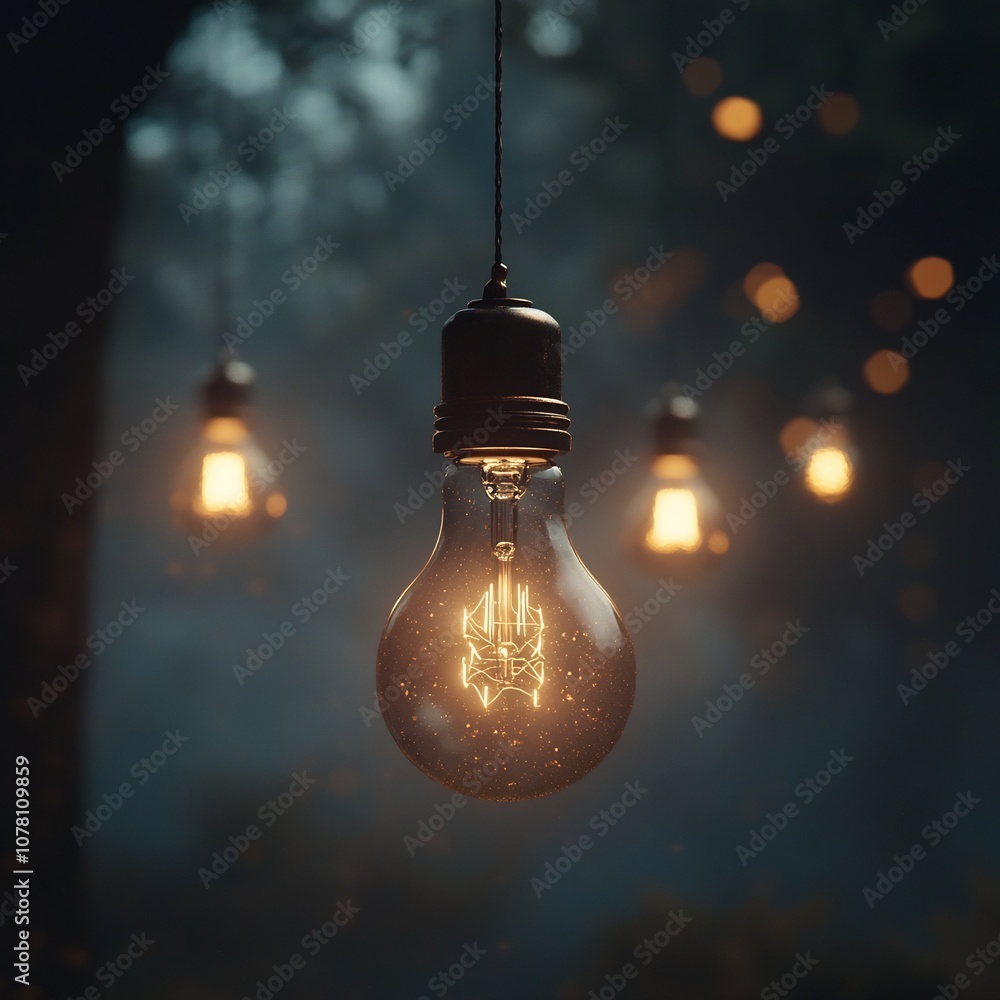 Glowing Suspended Light Bulb in Moody Atmospheric 3D Rendered Concept Design Glowing Suspended Light Bulb in Moody Atmospheric 3D Rendered Concept Design