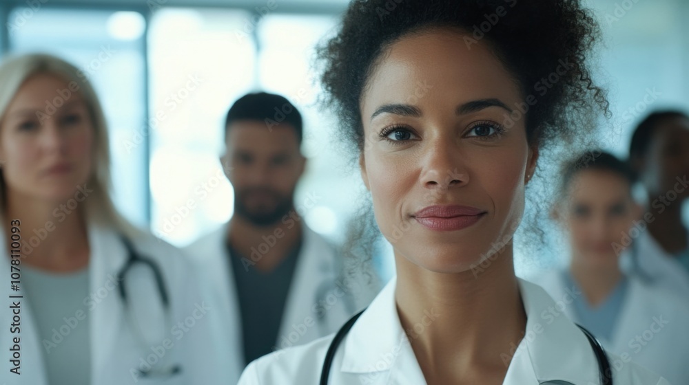 Female doctor standing proudly with multiracial colleagues in hospital Female doctor standing proudly with multiracial colleagues in hospital
