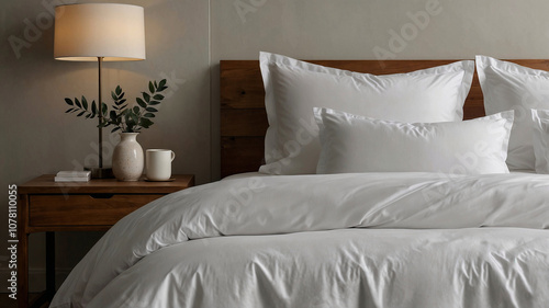 White bedding in a minimalist bedroom and pillow setup, perfect for design mockups. Wooden furniture and greenery complete the calm, adaptable scene.