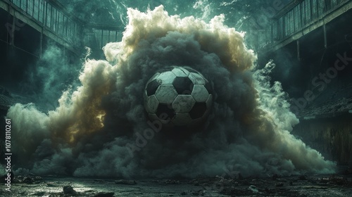 A soccer ball emerges from a cloud of smoke in a derelict building. photo