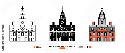 Delaware State Capitol Line Icon. Dover, Us Color Symbol, Silhouette, Sign, Editable Stroke.