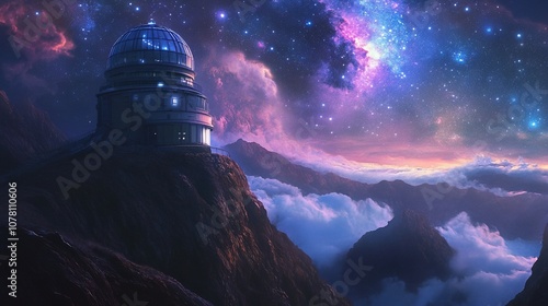 Wallpaper Mural An observatory sits atop a mountain peak, surrounded by clouds and a stunning starry night sky. Torontodigital.ca