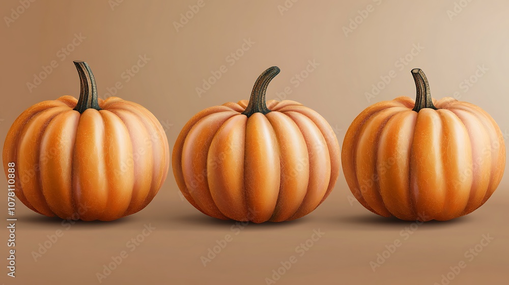 Three pumpkins displayed against a neutral background, showcasing their vibrant color and texture. Three pumpkins displayed against a neutral background, showcasing their vibrant color and texture.