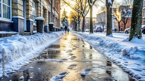 Slippery sidewalk in winter covered with slush full of footprints , winter, sidewalk, slush, footprints, cold, icy, dangerous photo