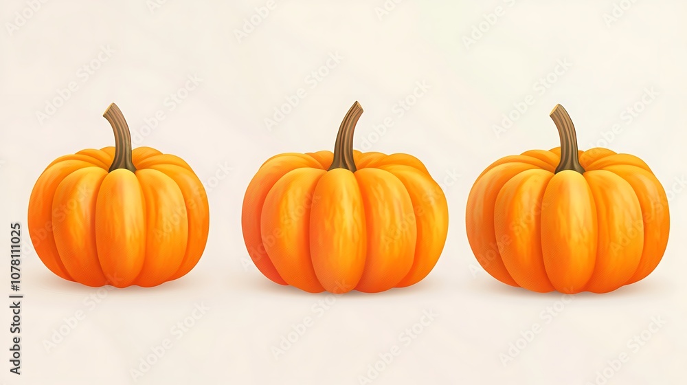Three vibrant orange pumpkins with textured skin and curved stems on a light background. Three vibrant orange pumpkins with textured skin and curved stems on a light background.